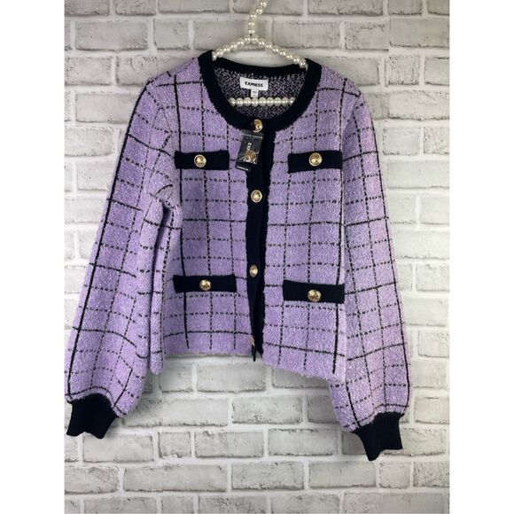 New Express Plaid Sweater Jacket Lavender Black with Gold Buttons - Picture 8 of 10